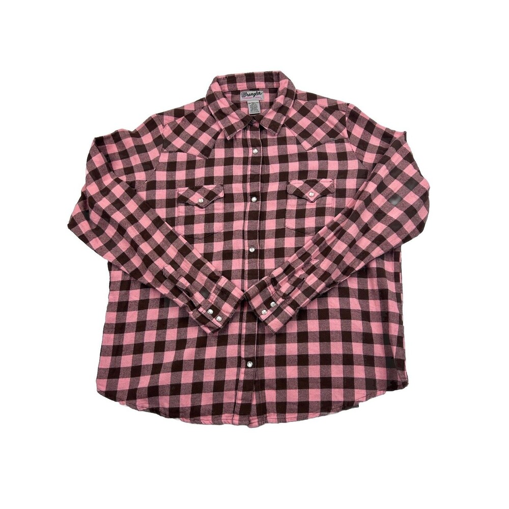 Western Pearl Snap Wrangler Wrancher Womens XXL Pink Check Flannel Long Sleeve